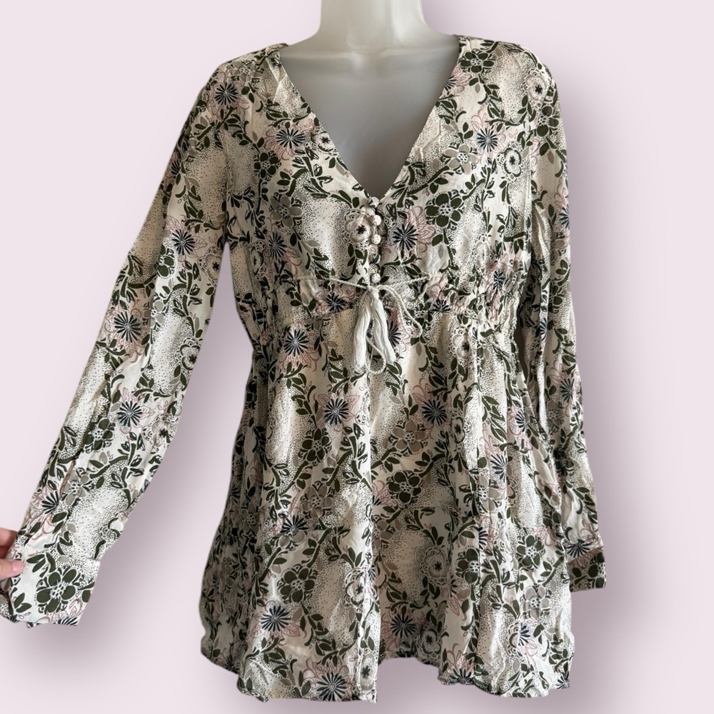 Free People Floral Boho Tunic Blouse Plunge V Neck Tassel Peasant Top Size S